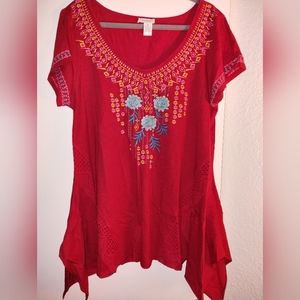 Sundance Red Embroidered Short Sleeve Tunic Top